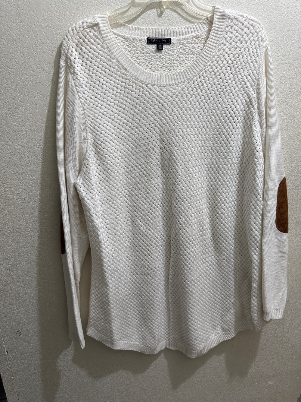 Ivory Textured Crewneck Sweater with Brown Elbow Patches